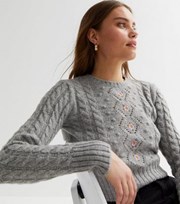 New Look Pale Grey Flower Embroidered Cable Knit Jumper